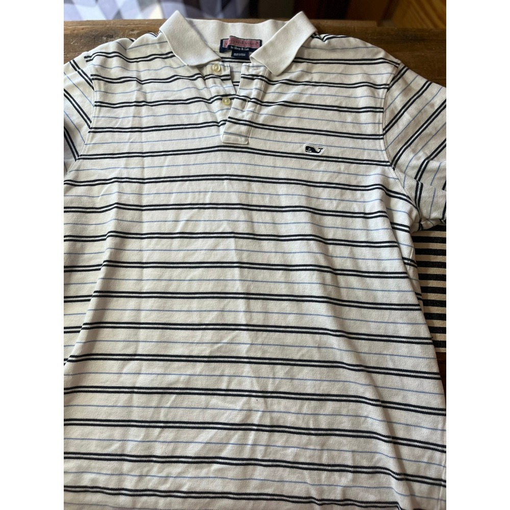 Vineyard Vines Mens Polo Shirt White Blue Striped Short Sleeve Cotton Whale Logo